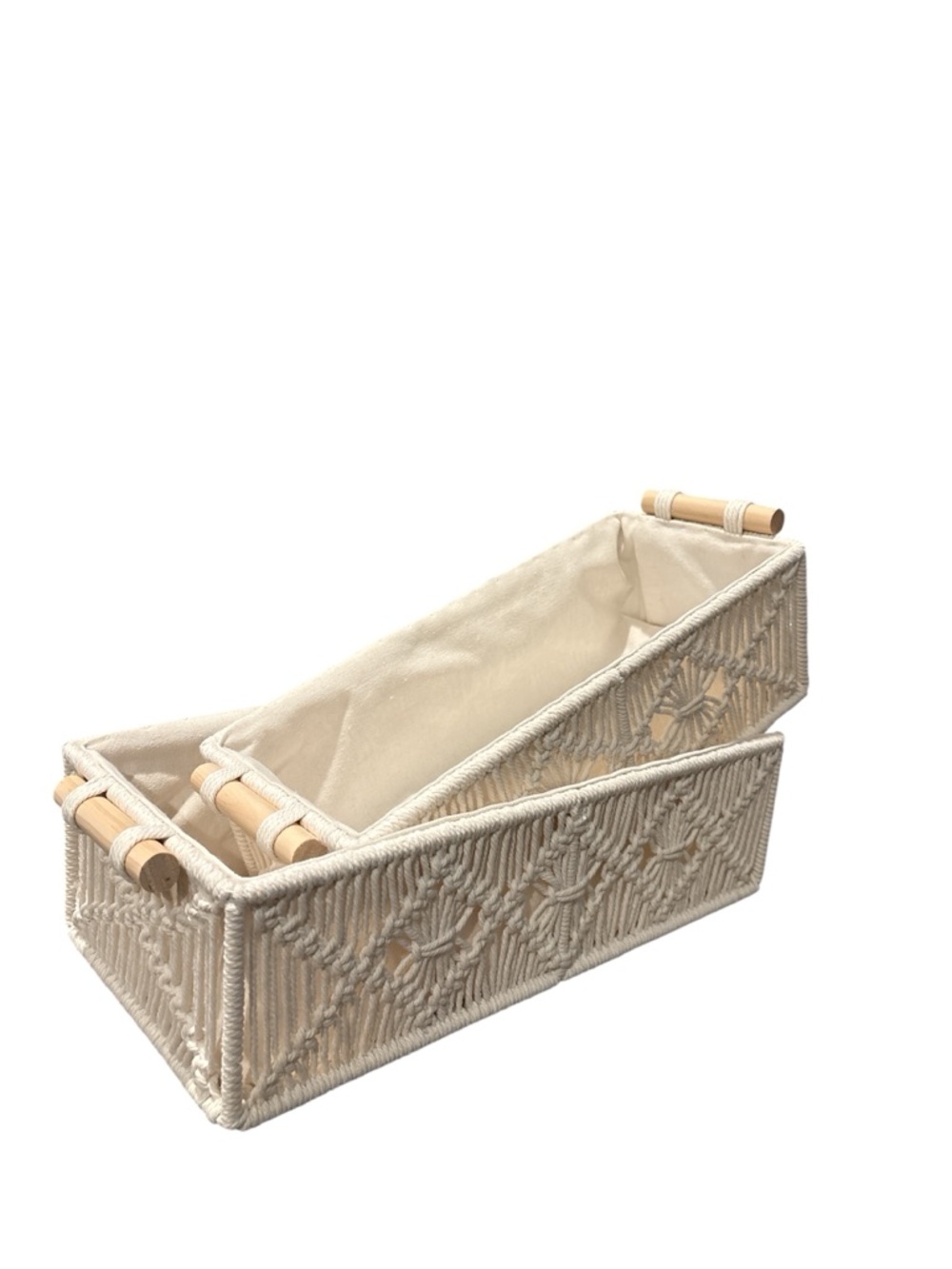 Set of 2 Woven Macramé Storage Bins in Cream with Wooden Handles